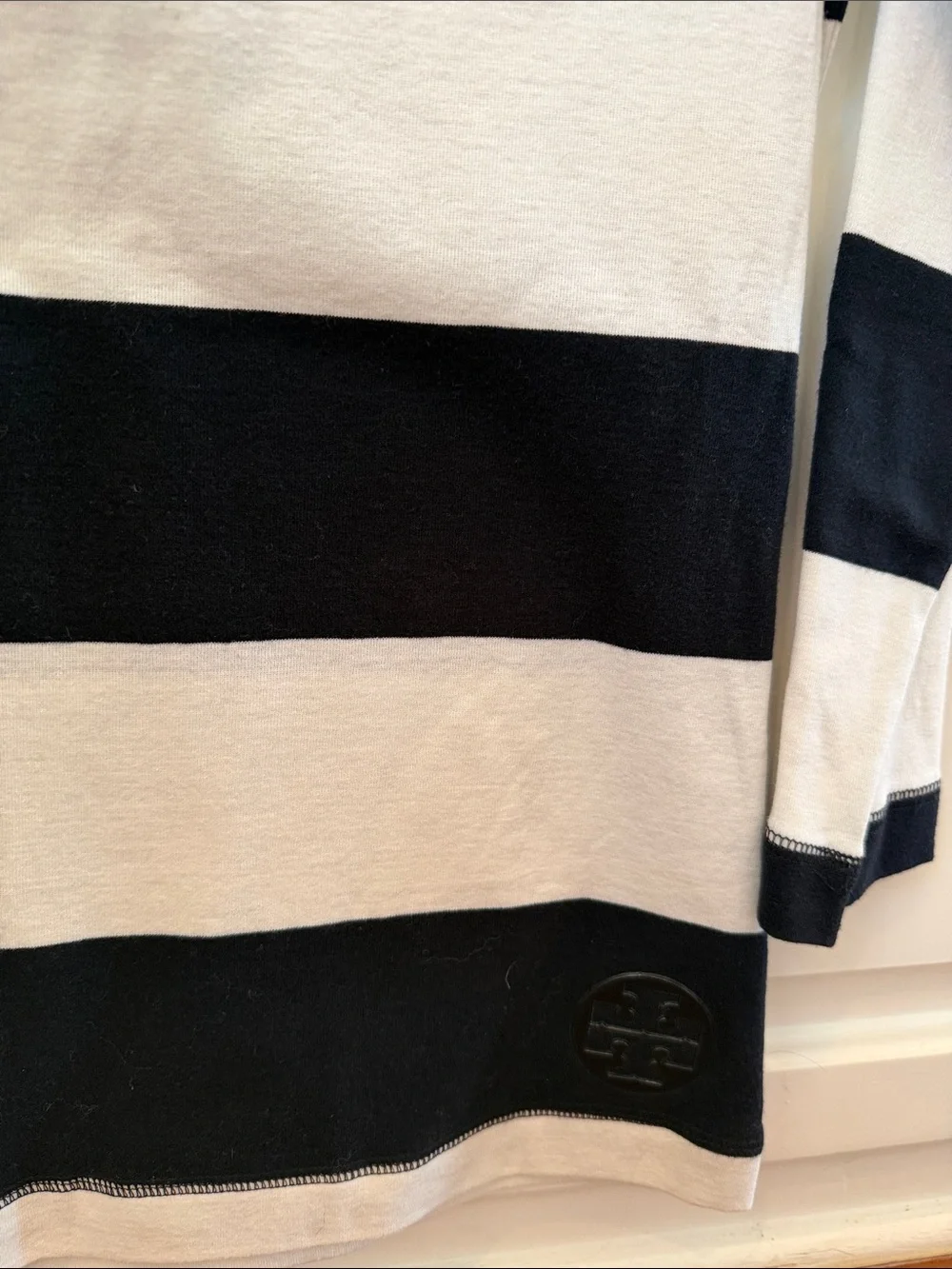 Tory Burch boatneck Black and White Striped 3/4 Sleeve Tee